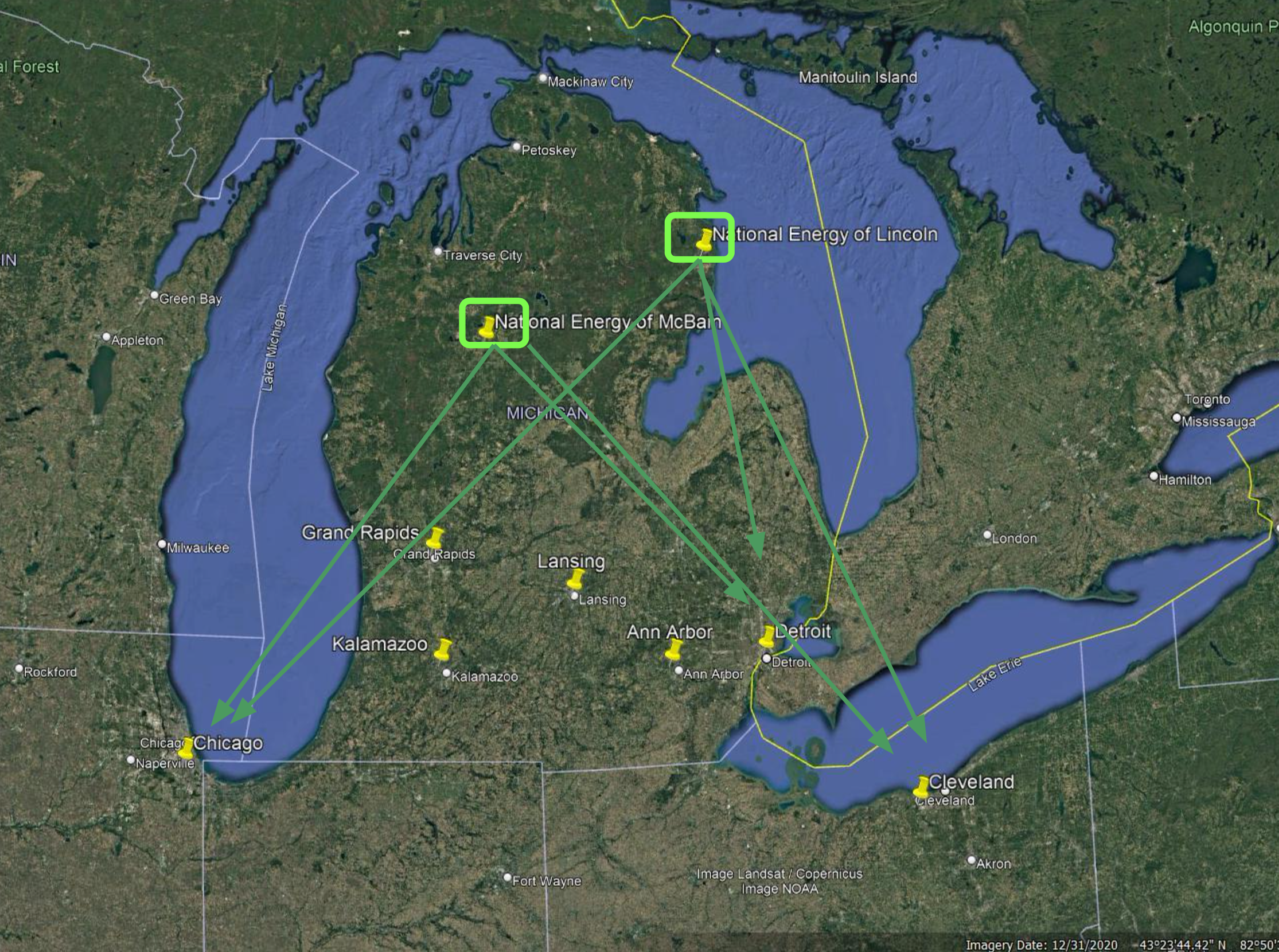 Michigan Data Center Connectivity Map showing connections between Lincoln, McBain, and major cities